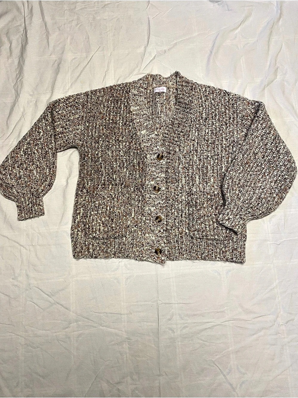 Pink Lily Textured Button Cardigan in Taupe & Brown